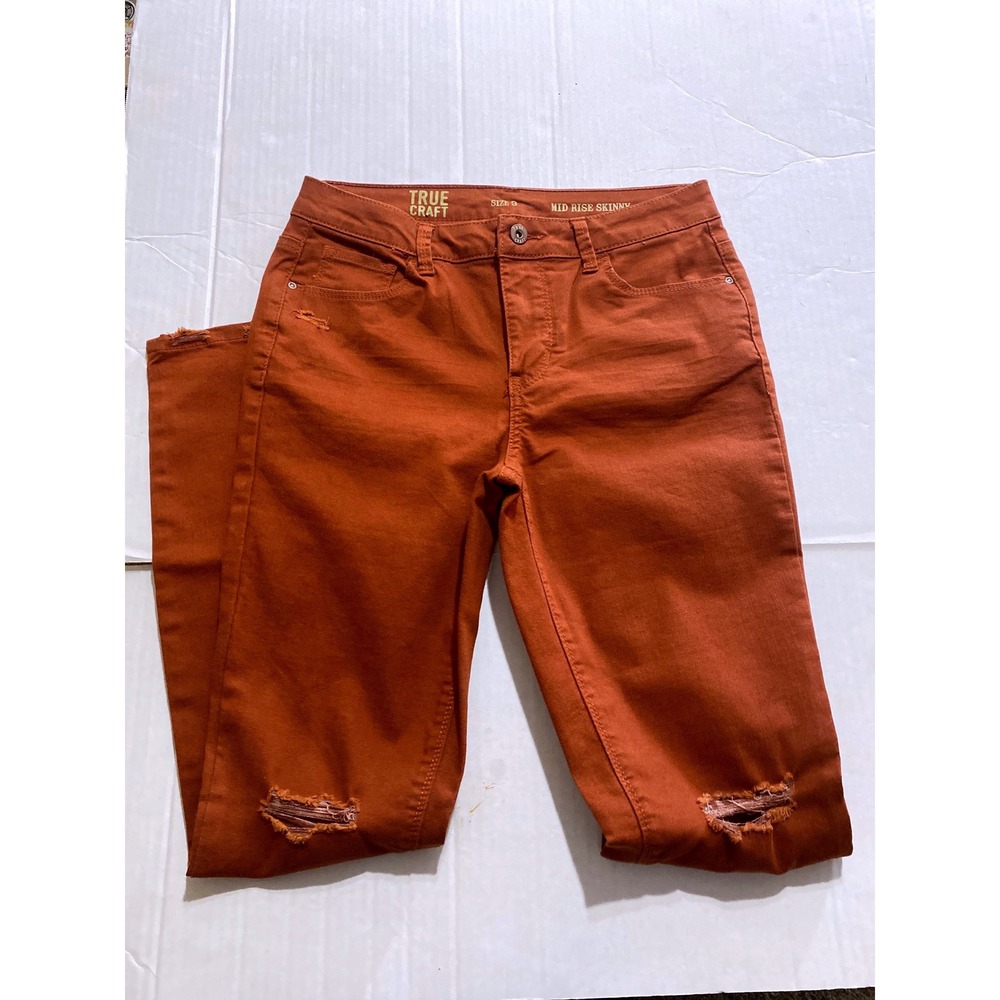 True Craft Womens Mid Rise Skinny Jeans Rust Orange Distressed Ripped Size 9 - Picture 2 of 9